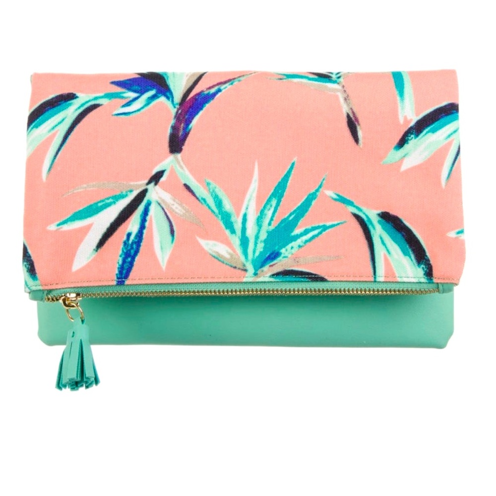 Rachel Pally Leather-Trimmed Reversible Floral Clutch NWOT